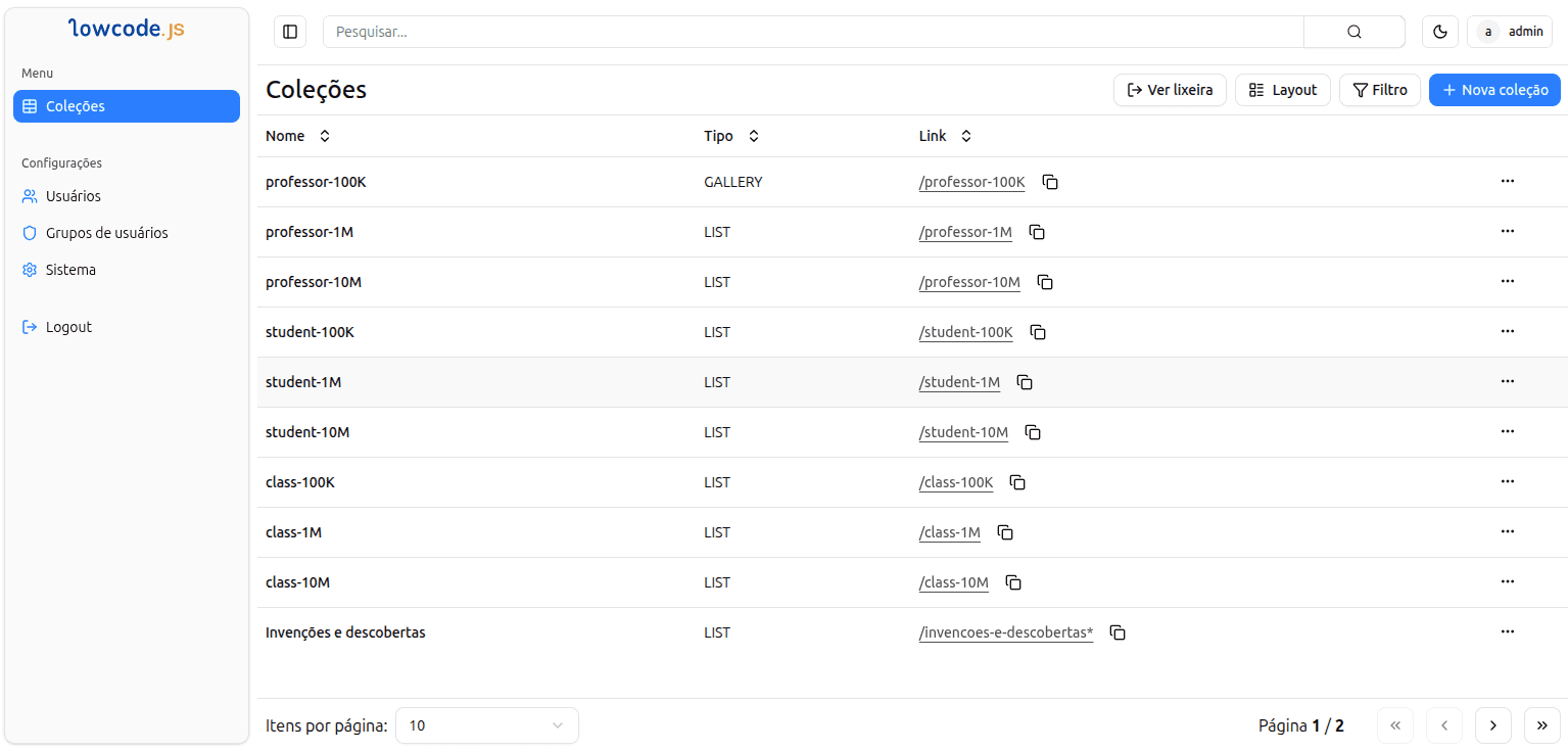 Panel LowCodeJS - Cree colecciones y gestione datos facilmente
